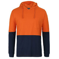Orange/Navy HI VIS L/S Cotton Tee with Hood | Long Sleeve + Hood | 100% Cotton for Comfort | Industry Workwear