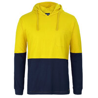 Yellow/Navy HI VIS L/S Cotton Tee with Hood | Long Sleeve + Hood | 100% Cotton for Comfort | Industry Workwear