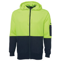 Lime/Navy HI VIS Full Zip Fleecy Hoodie | Hood with drawcord | Industry Workwear
