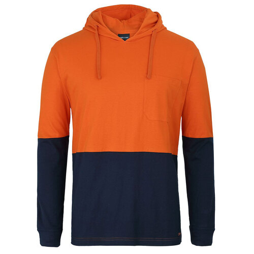 Orange/Navy HI VIS L/S Cotton Tee with Hood | Long Sleeve + Hood | Industry Workwear [Clothing Size: 5XL]