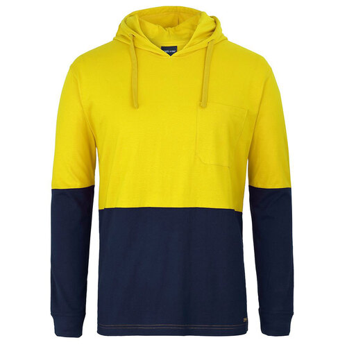 Yellow/Navy HI VIS L/S Cotton Tee with Hood | Long Sleeve + Hood | Industry Workwear [Clothing Size: 5XL]