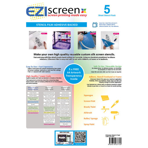 EZIscreen Stencil Film - Pack 5 plus Artwork Transparency | Adhesive Backing | U.V. Exposure + Water | Non-toxic Chemical Free Screen Making